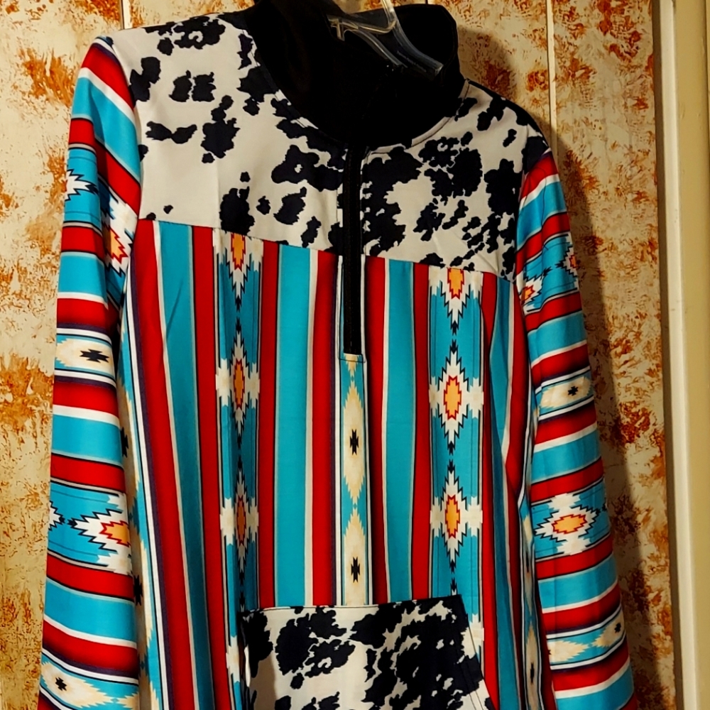 Teal aztec western print with black white cow print